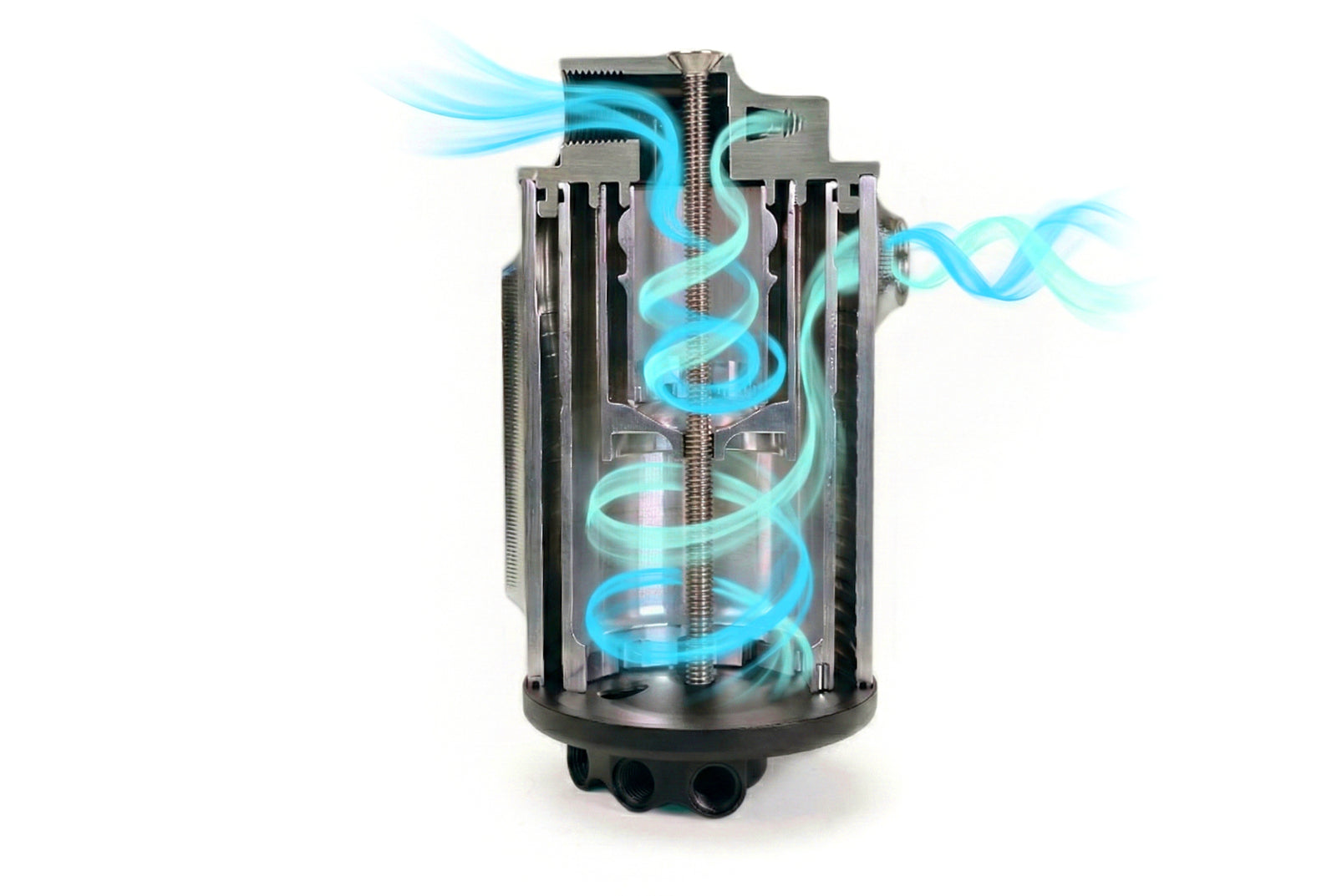 PERRIN Air Oil Separator internal swirl pot design showing oil separation technology.