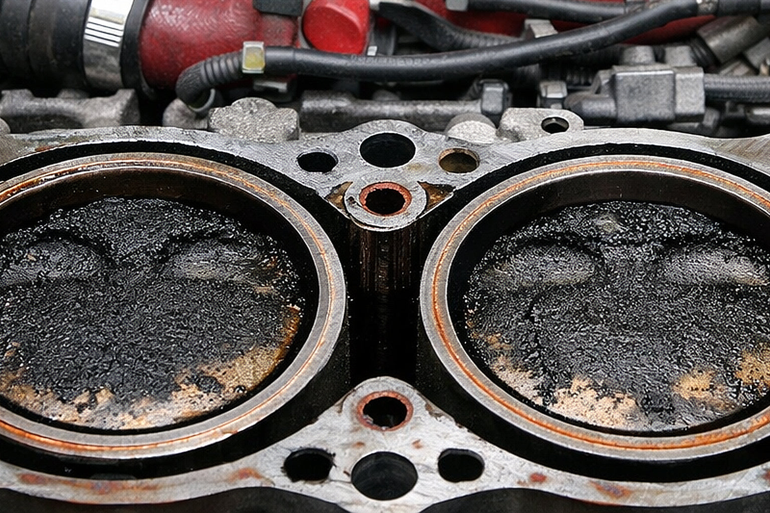 Close-up of worn engine cylinder heads with carbon deposits