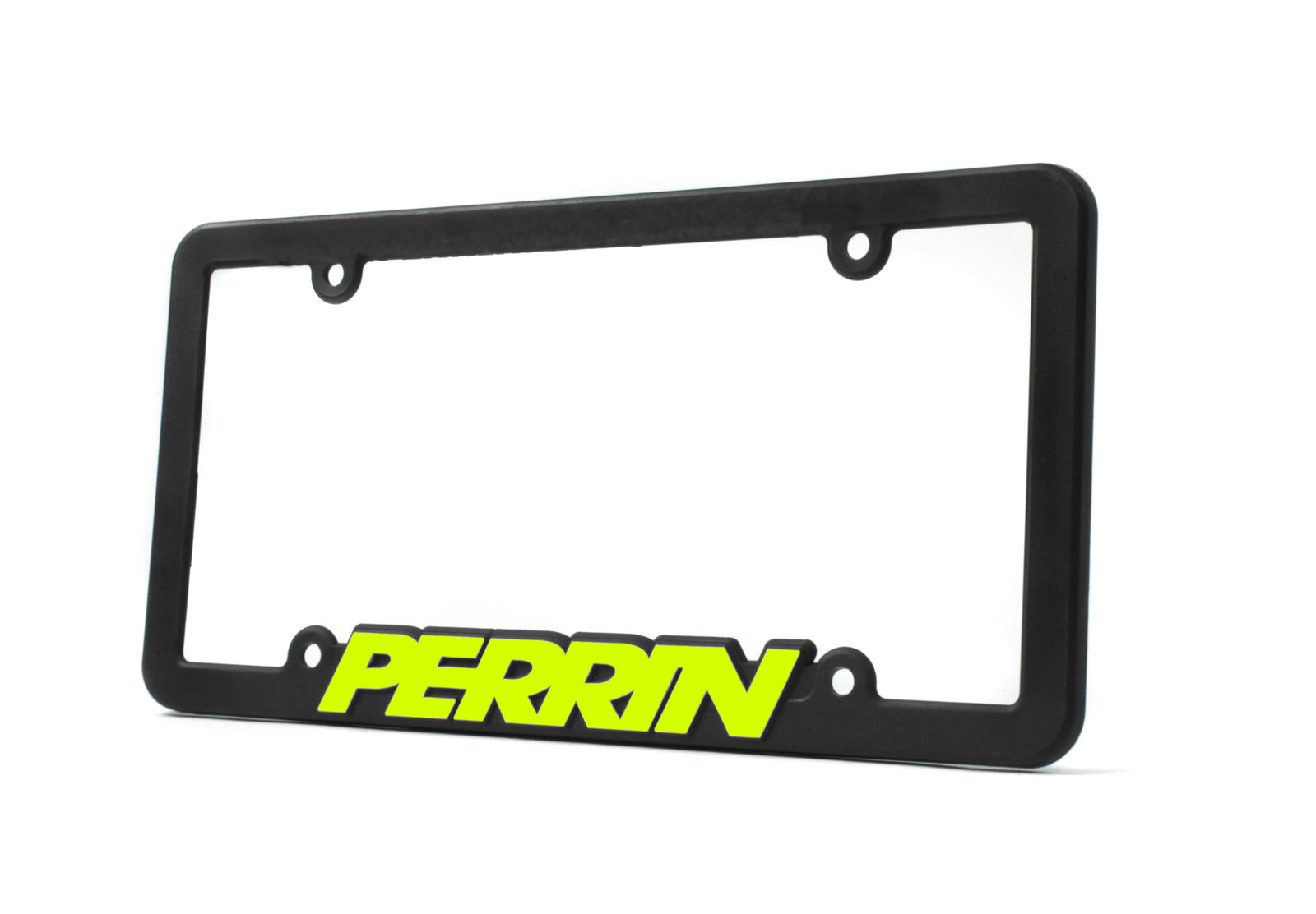 Black license plate frame featuring a bold yellow Perrin logo, designed for automotive enthusiasts.