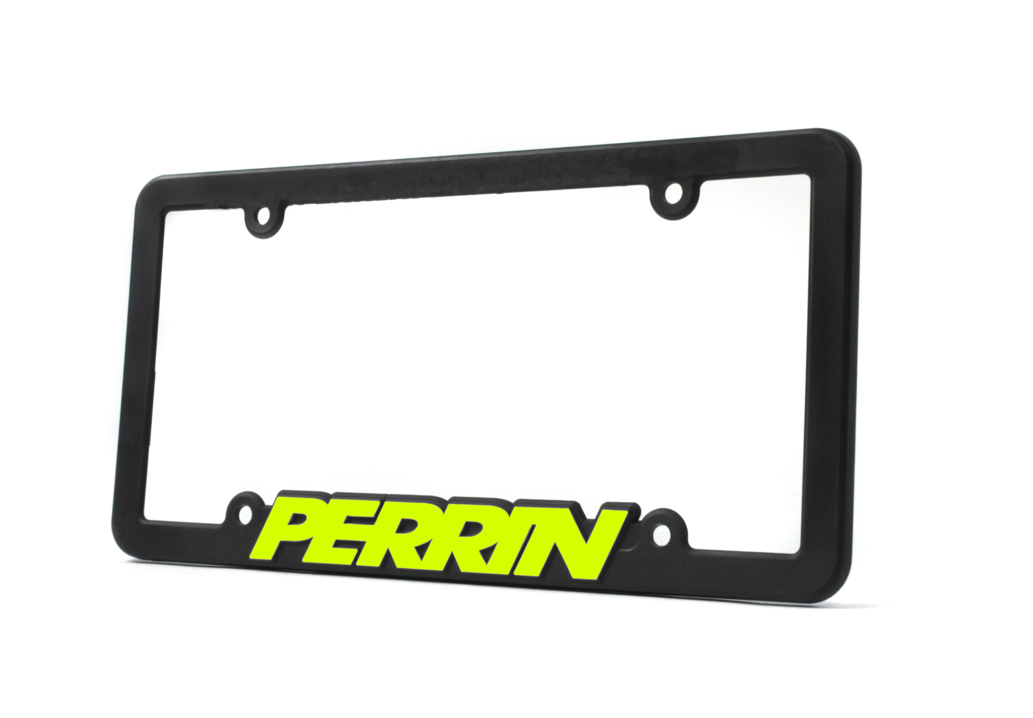 Black license plate frame featuring a bold yellow Perrin logo, designed for automotive enthusiasts.