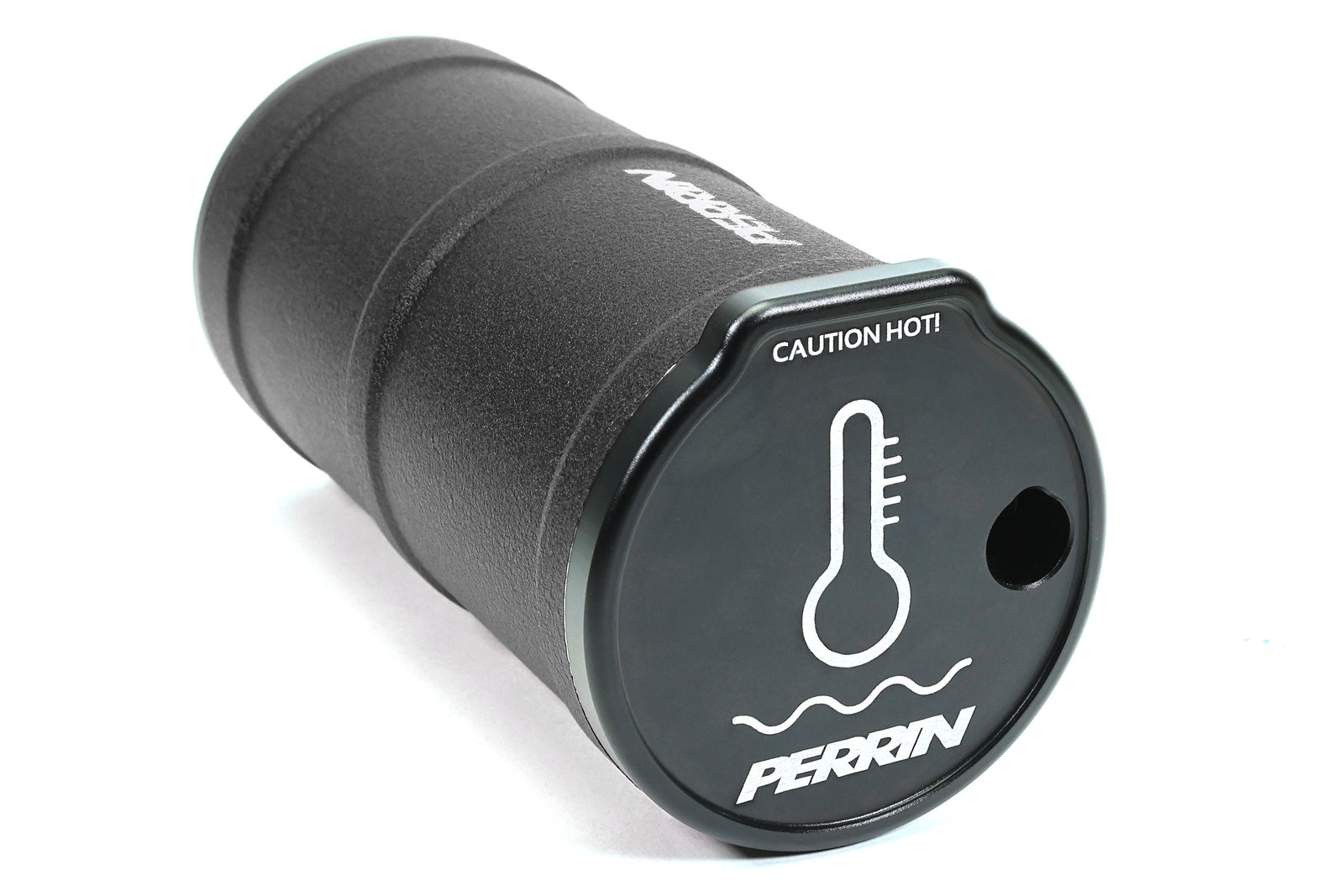 Perrin coolant overflow tank designed for performance vehicles, featuring a durable black finish and temperature warning label.