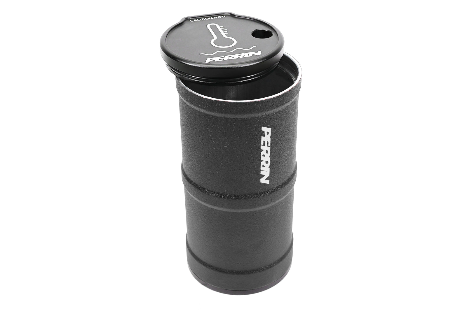 PERRIN coolant overflow tank designed for performance vehicles, featuring a sleek black finish and a secure cap.