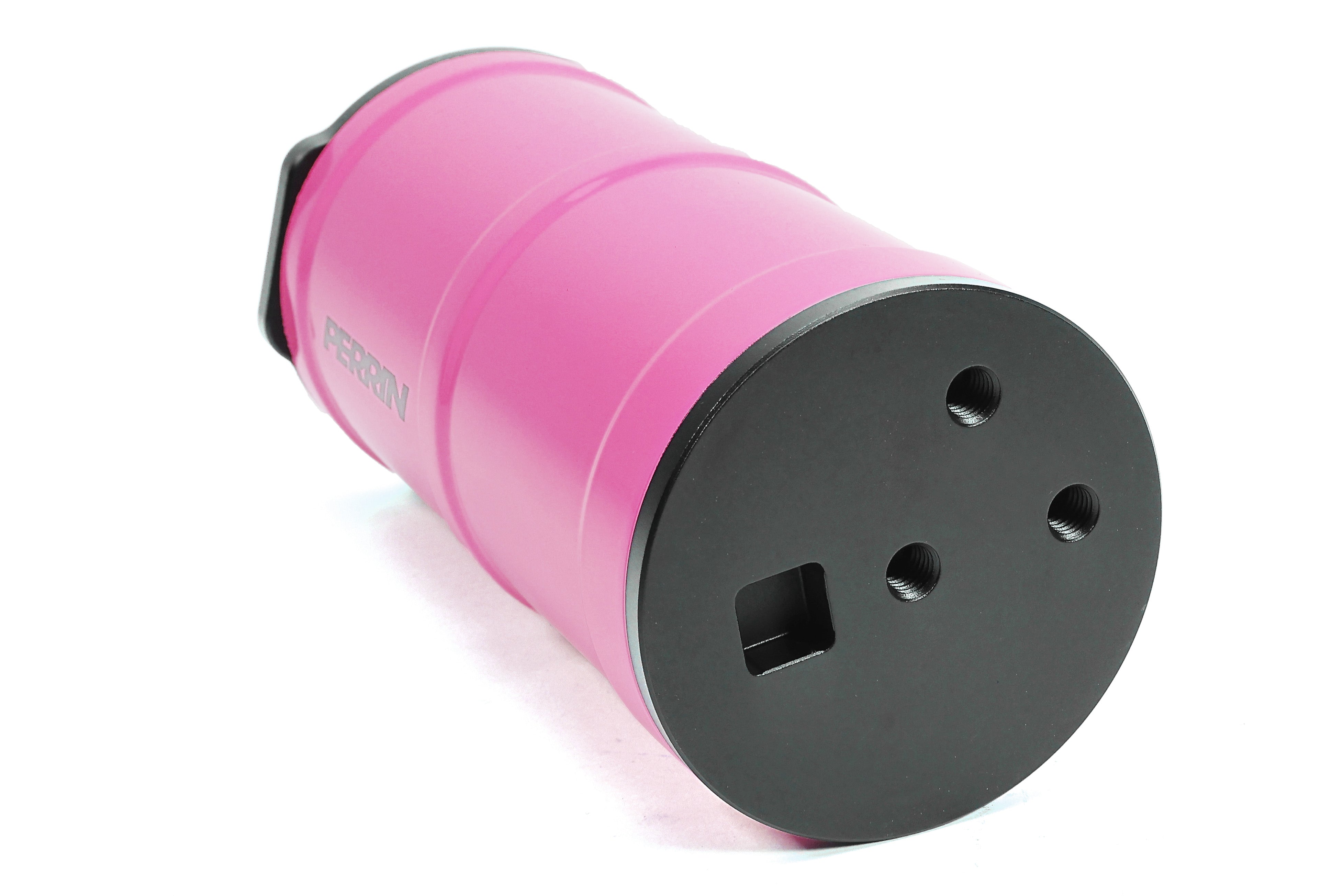 Pink coolant overflow tank with a black base and three openings, designed for performance vehicles.