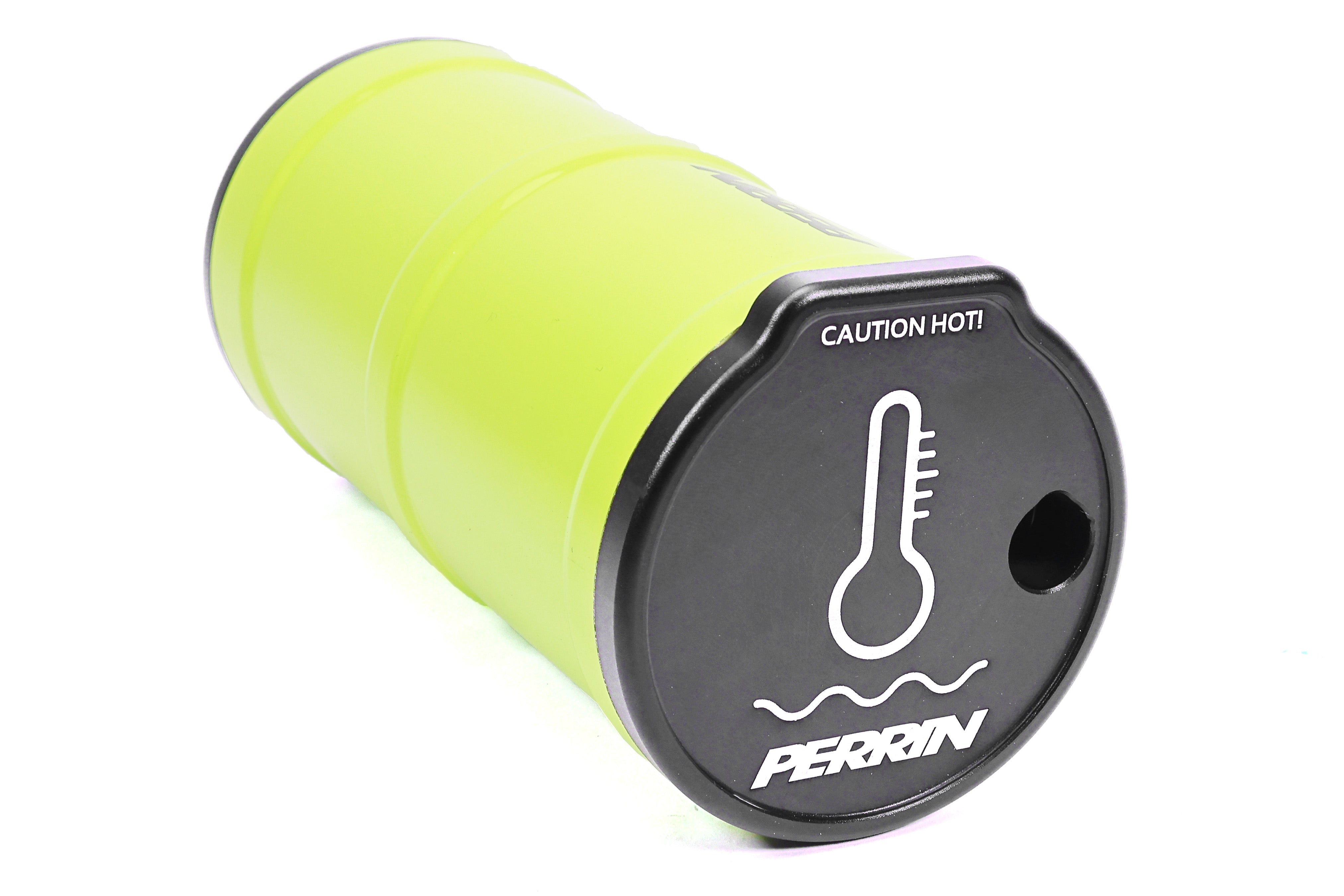 Perrin coolant overflow tank in bright green with a black lid, featuring a temperature symbol for performance vehicles.