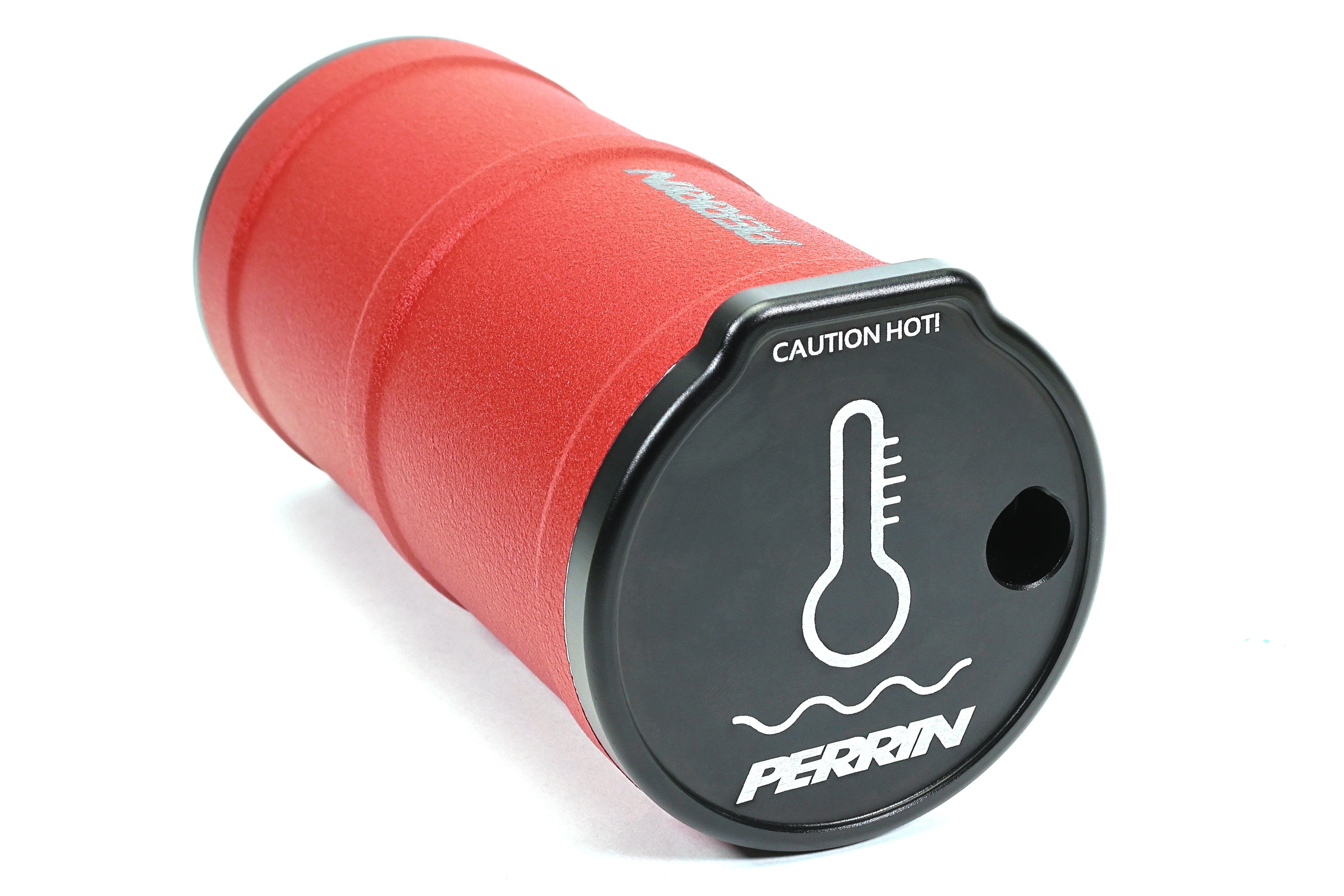 Red coolant overflow tank with a caution hot label, designed for performance Subaru, Honda, Nissan, and Toyota vehicles.