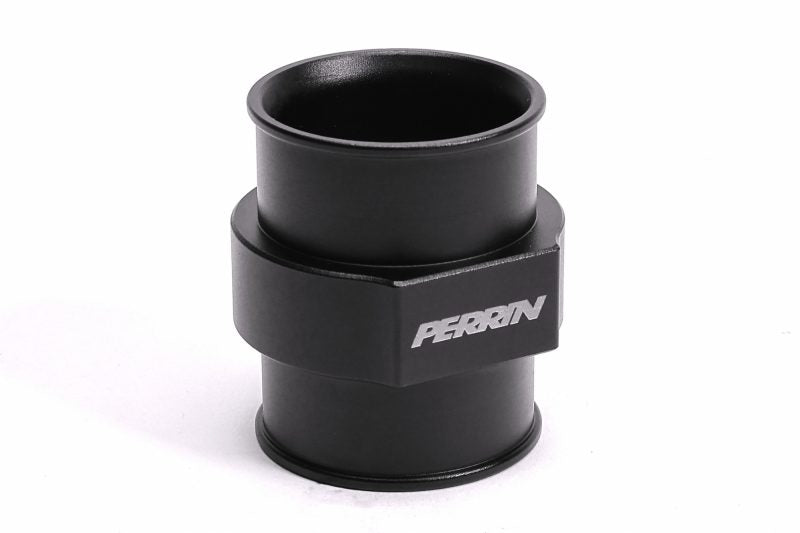 Black coolant hose adapter with a smooth finish and Perrin branding, designed for efficient fluid transfer in vehicles.