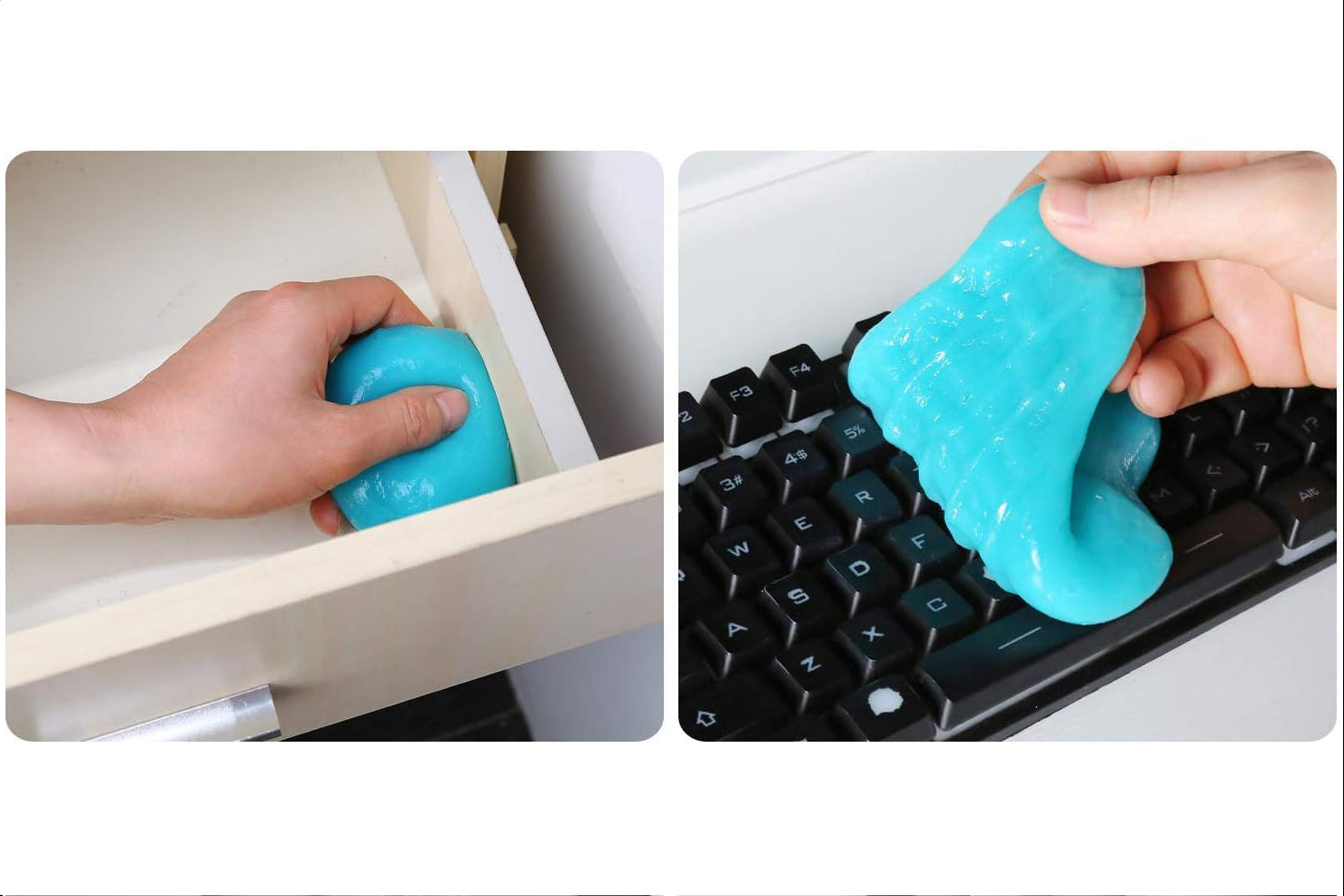 Blue cleaning putty being used on a desk and keyboard
