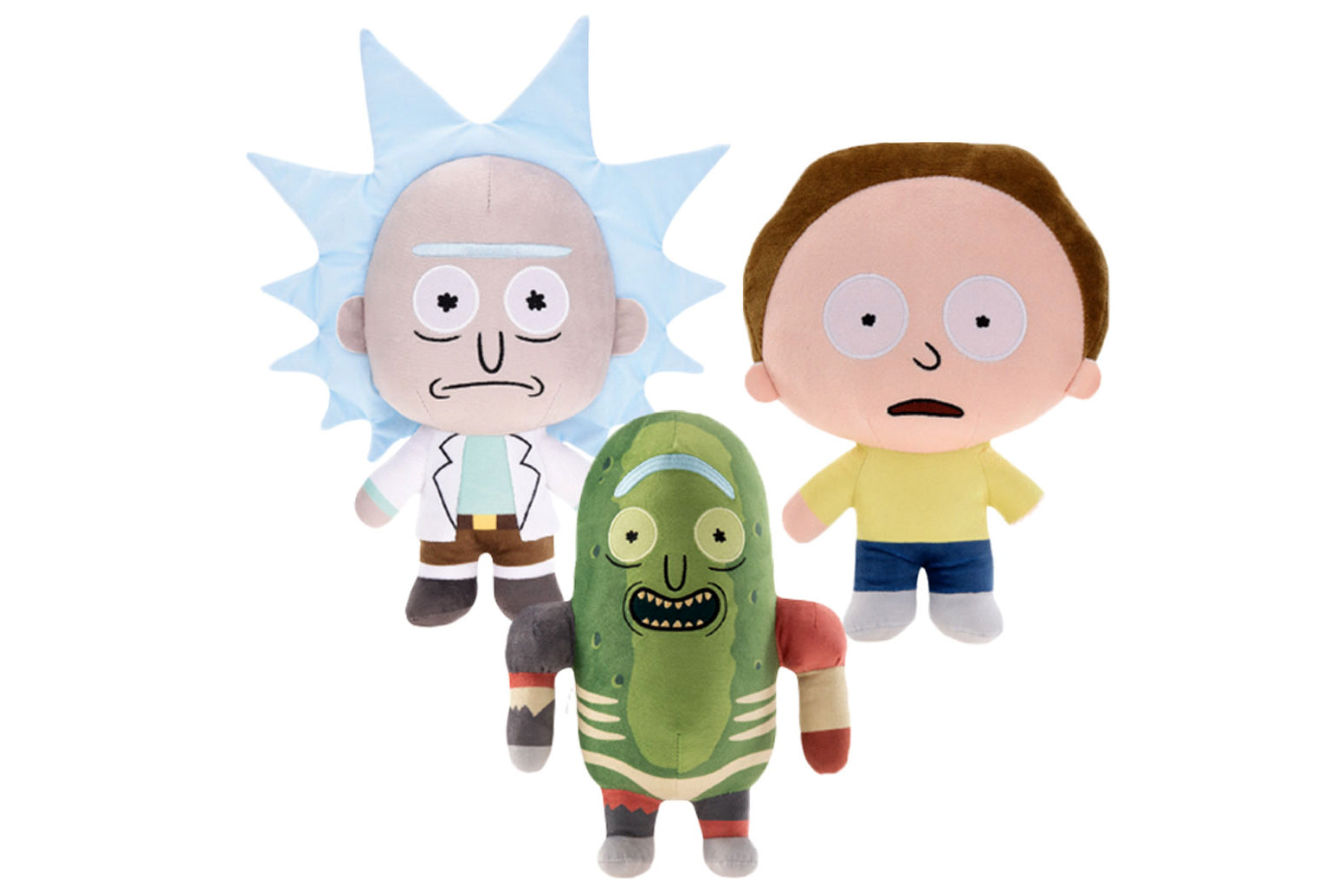 Plush toys of characters from a popular animated series on a white background