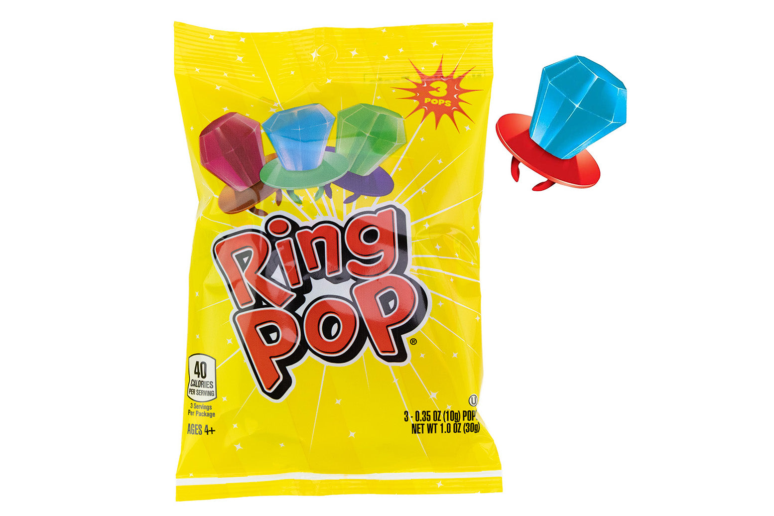 Yellow packaging of Ring Pop with a blue and red candy pop on a white background