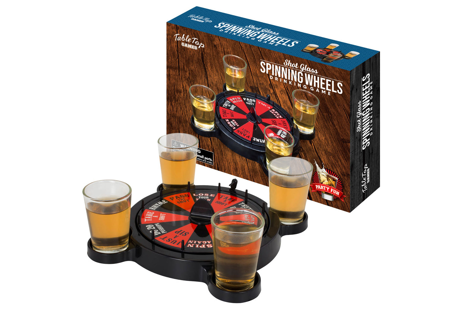 Tabletop game set with shot glasses and a spinning wheel on a white background