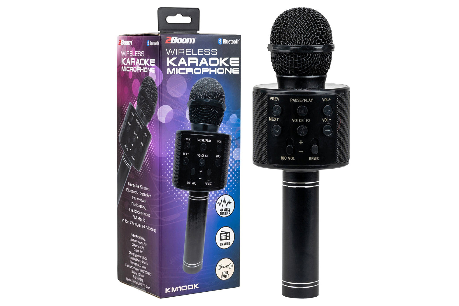 Black wireless karaoke microphone with packaging on a white background