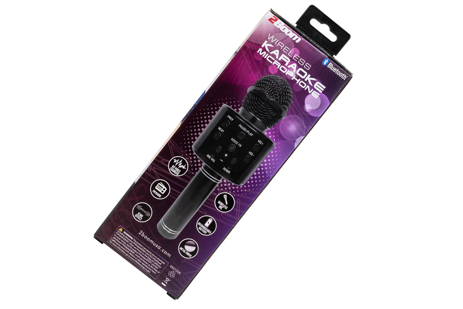 Packaged wireless karaoke microphone with brand logo on a white background