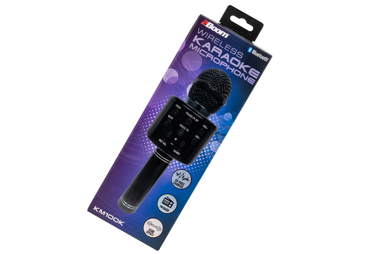 Wireless karaoke microphone in packaging with brand logo on a white background