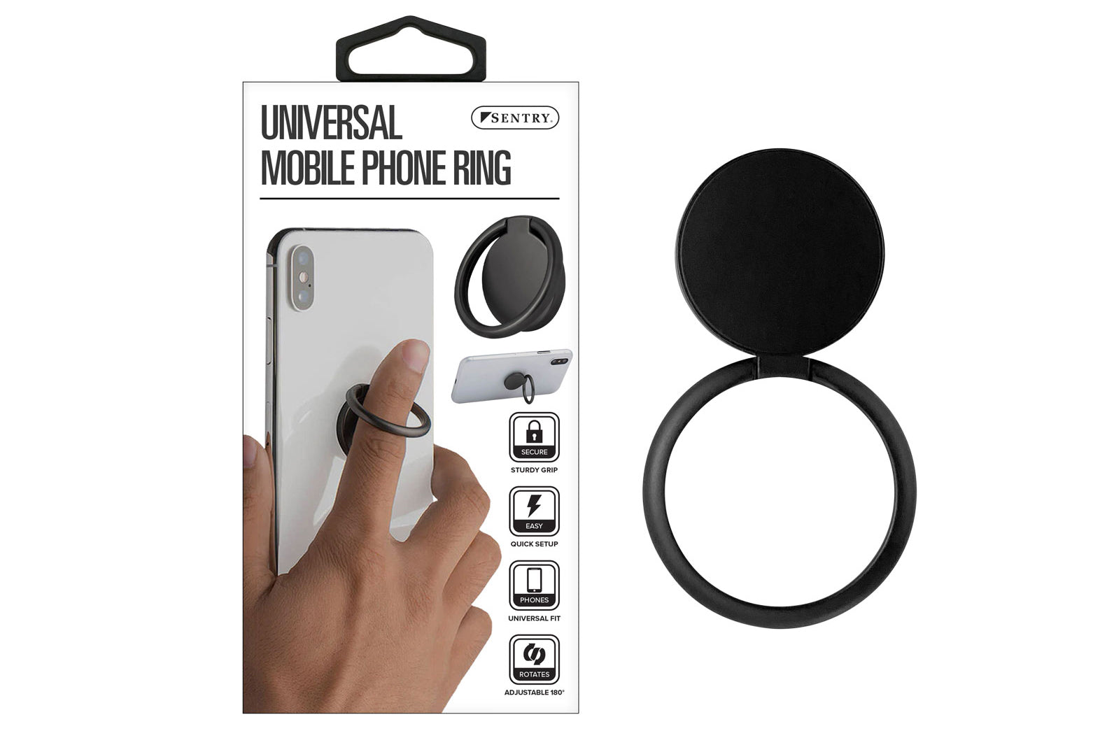 Black universal mobile phone ring with packaging and hand demonstration on a white background