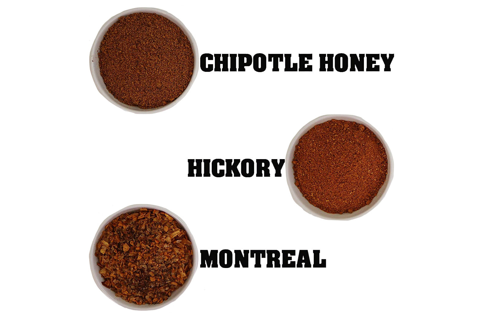 Three containers of different spice blends labeled 'Chipotle Honey', 'Hickory', and 'Montreal' on a white background.