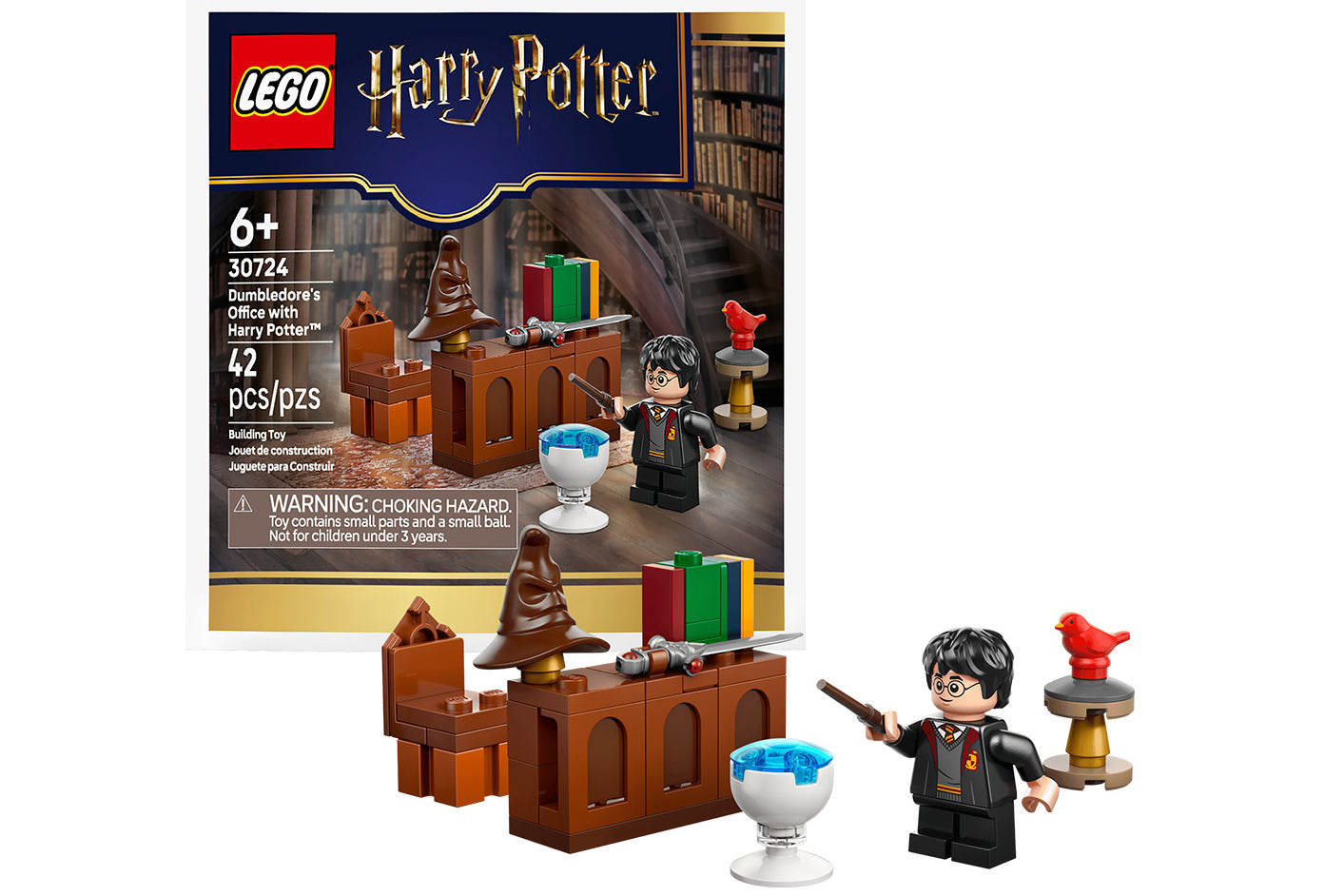 LEGO Harry Potter set packaging with figures and furniture on a white background