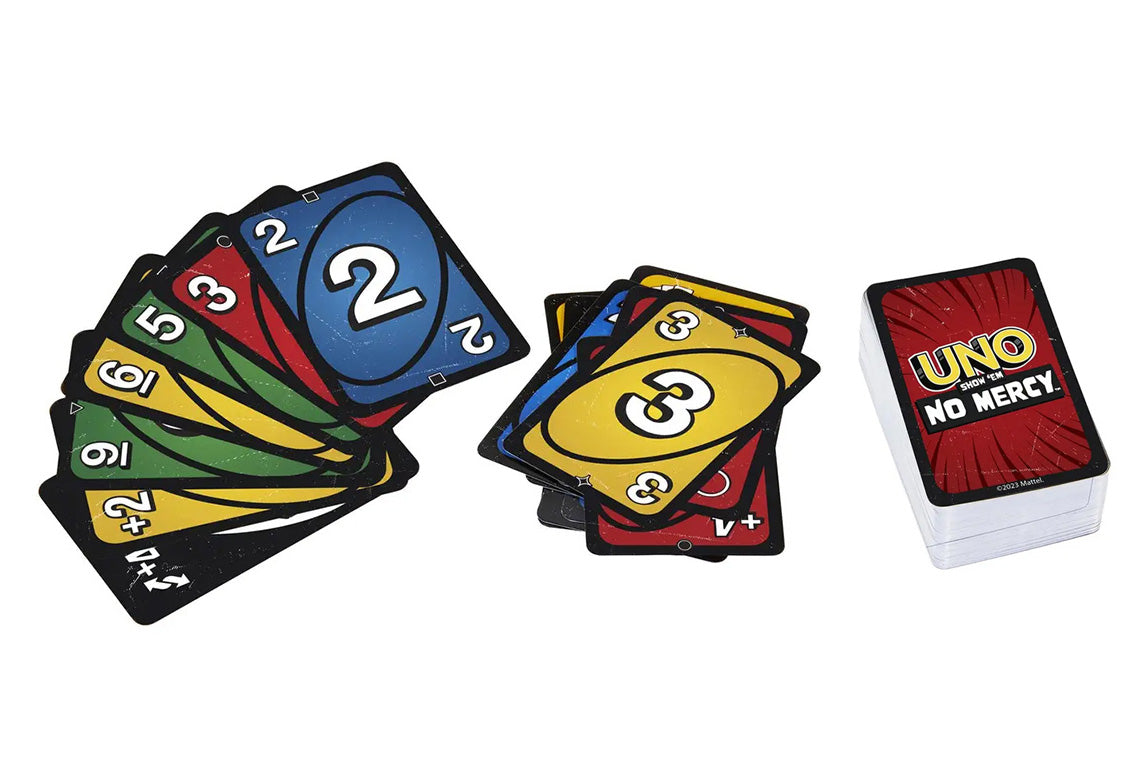 Colorful Uno cards with different numbers and a 'No Mercy' card on a white background