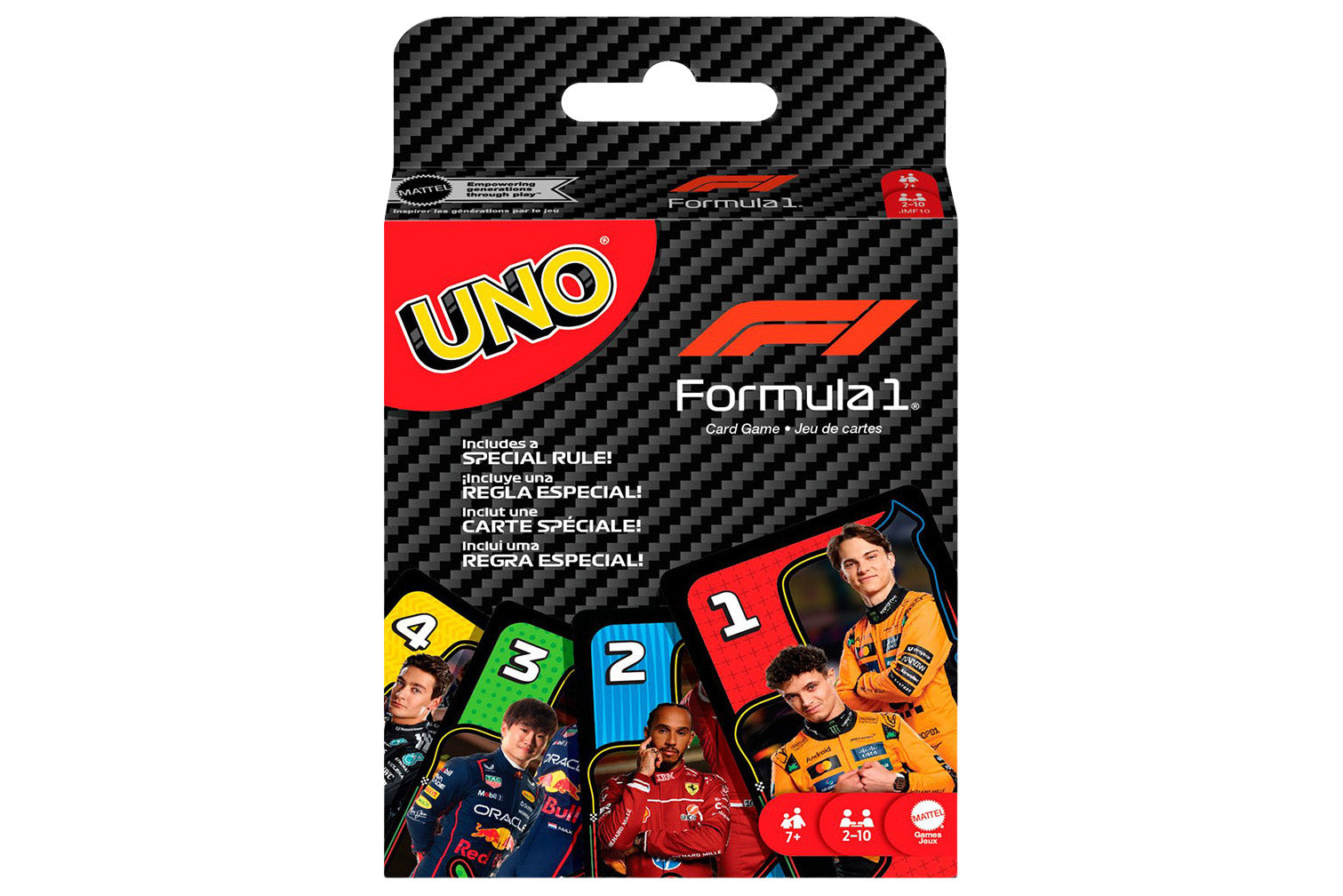 UNO card game packaging with Formula 1 branding on a white background