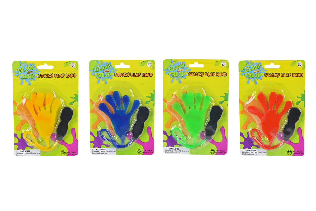 Four packages of colorful sticky clay hands on a white background