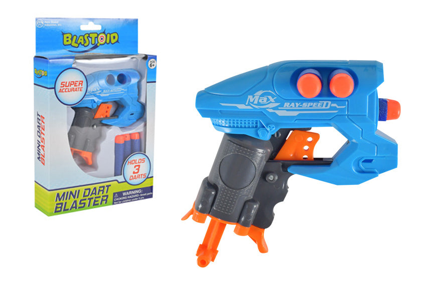 Blue and orange mini dart blaster with packaging on a white background