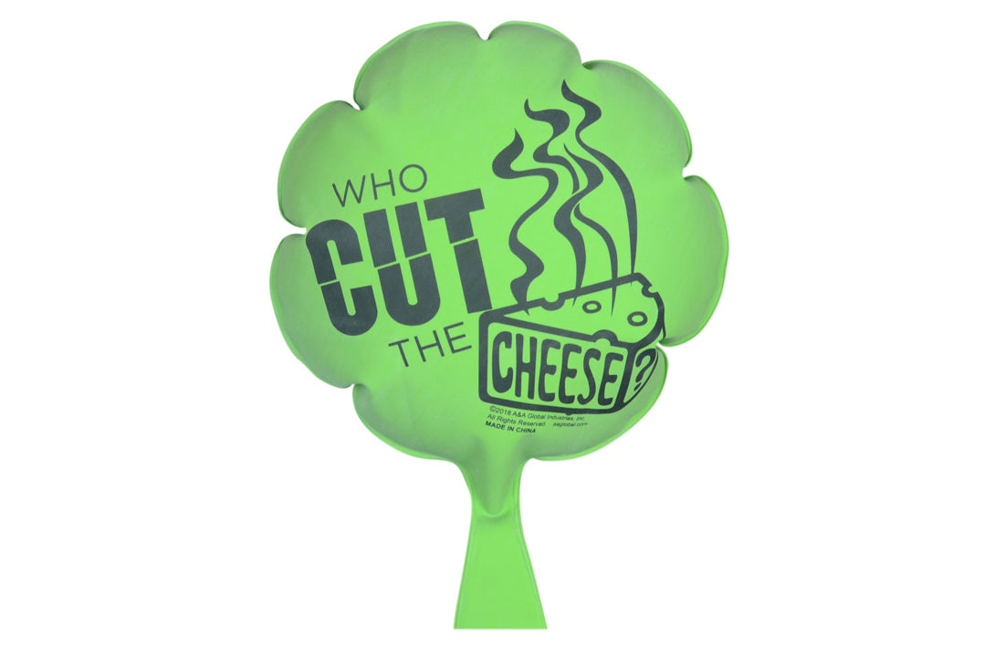 Green balloon with text 'Who Cut the Cheese?' on a white background