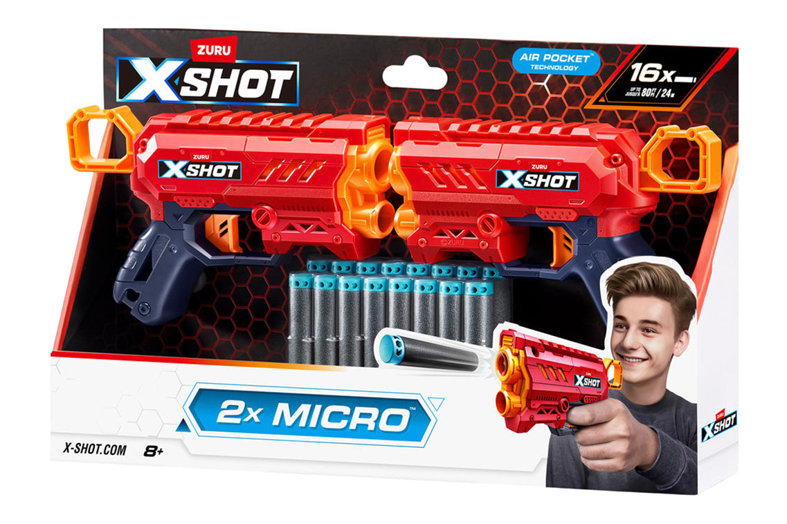 X-Shot toy gun packaging with red and blue colors, showing the product and accessories on a white background.