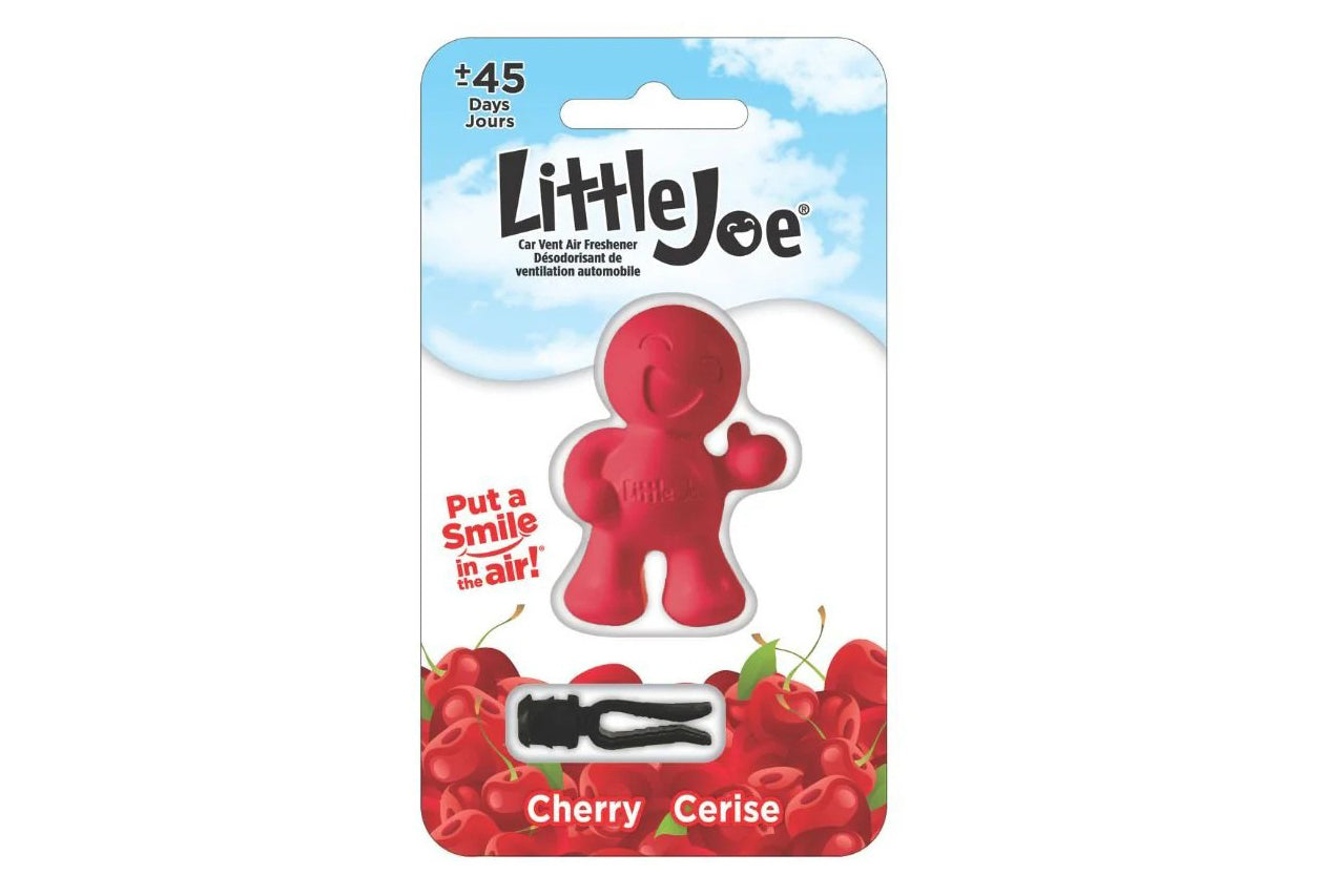 Red 'Little Joe' product in packaging with cherry flavor text on a white background