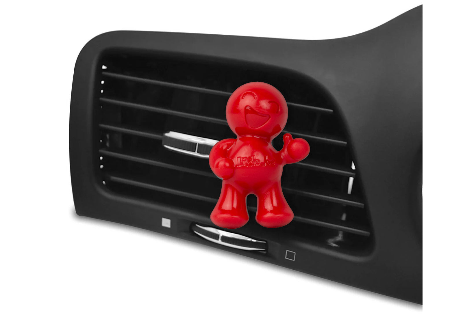 Red character-shaped car air freshener on a car's air vent.