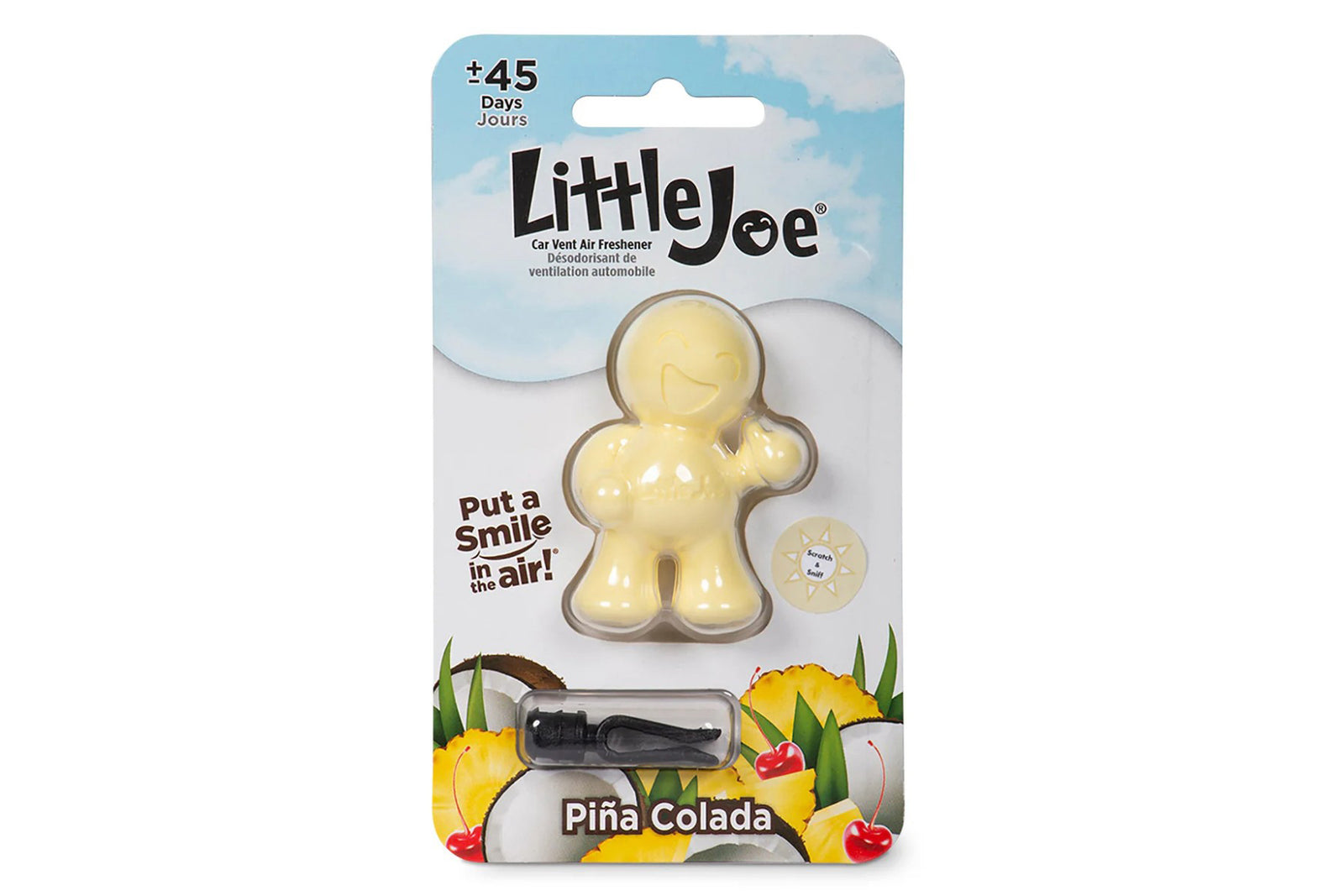 Little Joe car air freshener in packaging with 'Pina Colada' flavor on a white background.