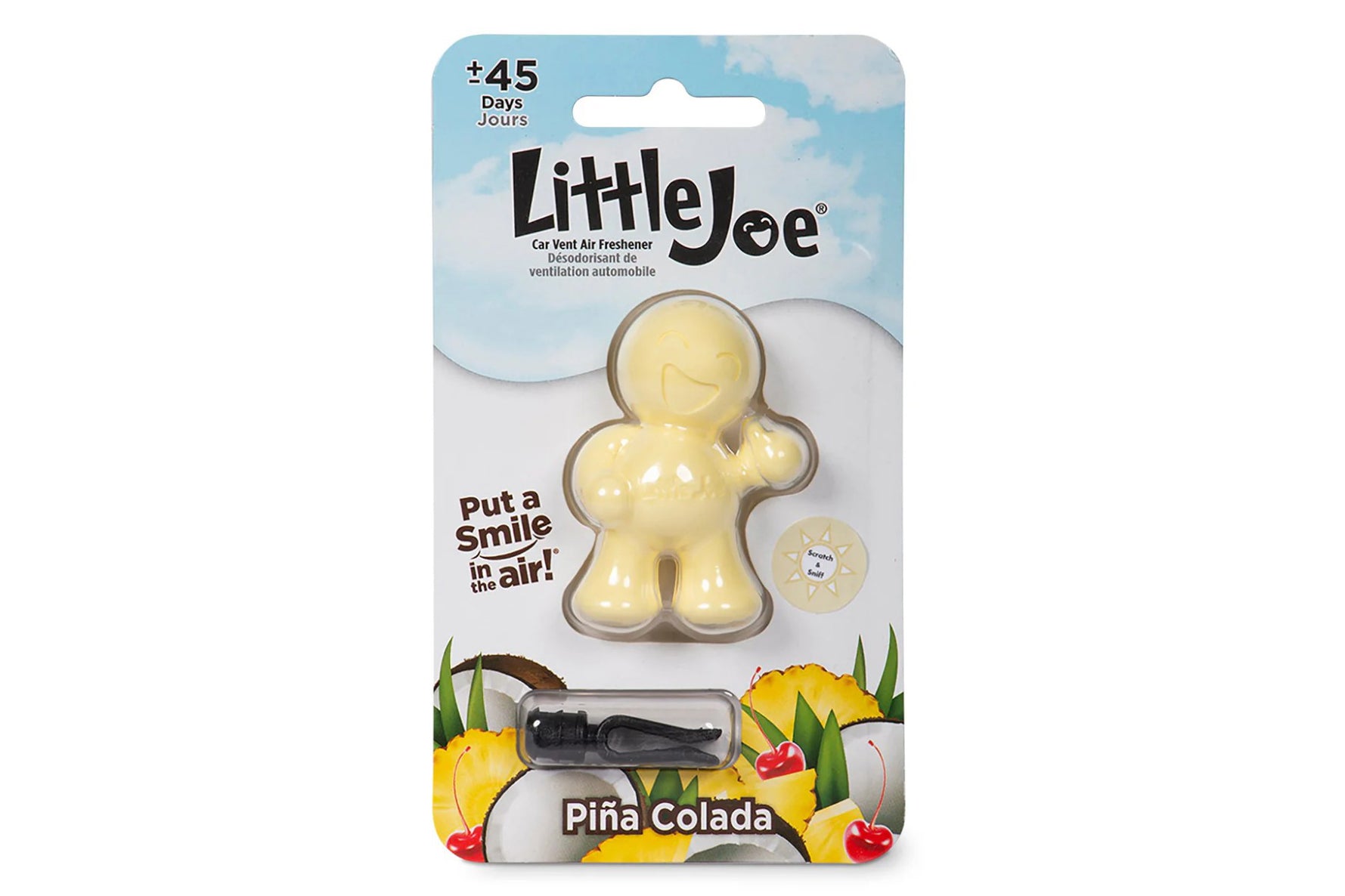 Little Joe car air freshener in packaging with 'Pina Colada' flavor on a white background.