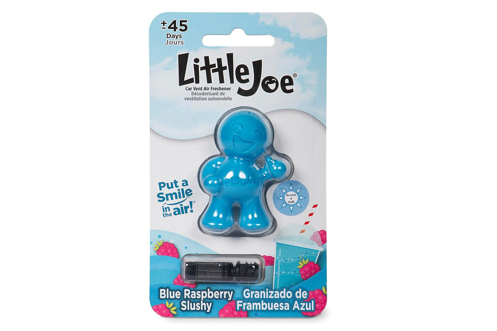 Blue raspberry scented air freshener in packaging on a white background.