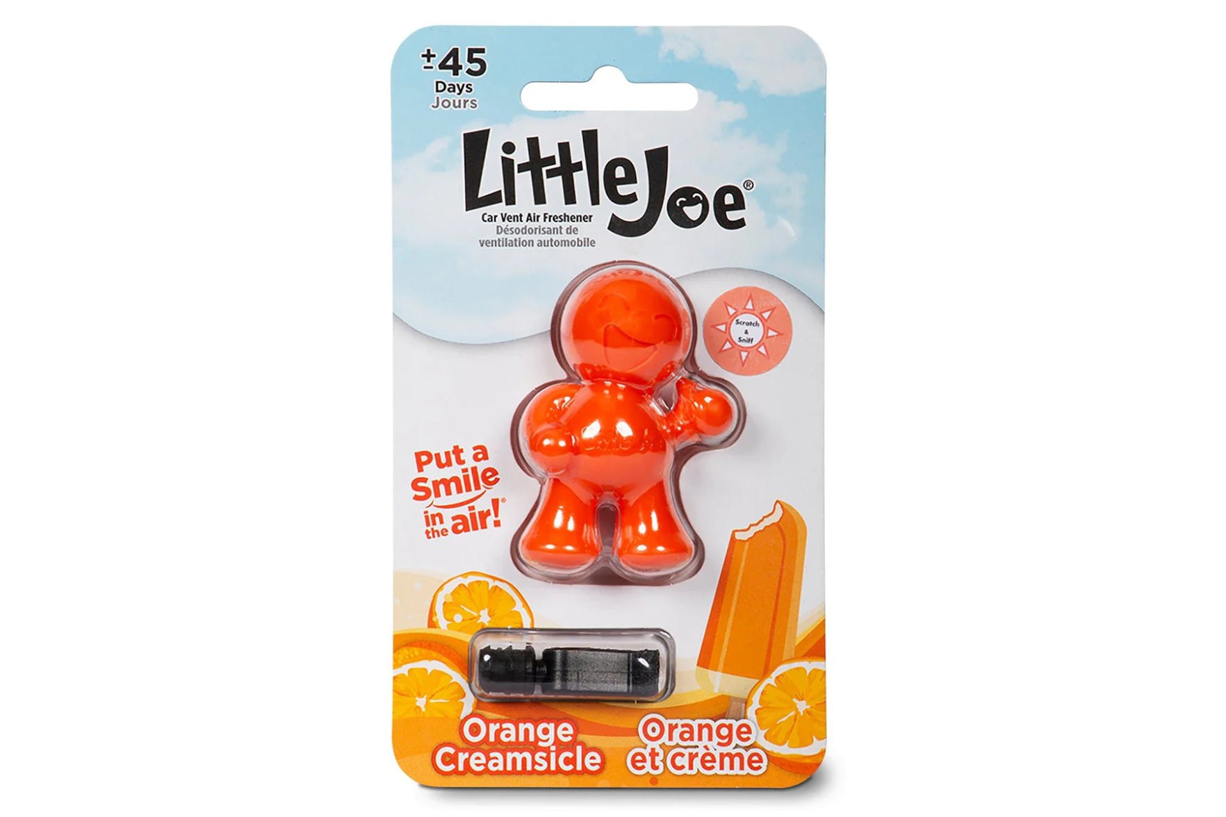 Little Joe car vent air freshener packaging with orange color scheme on a white background