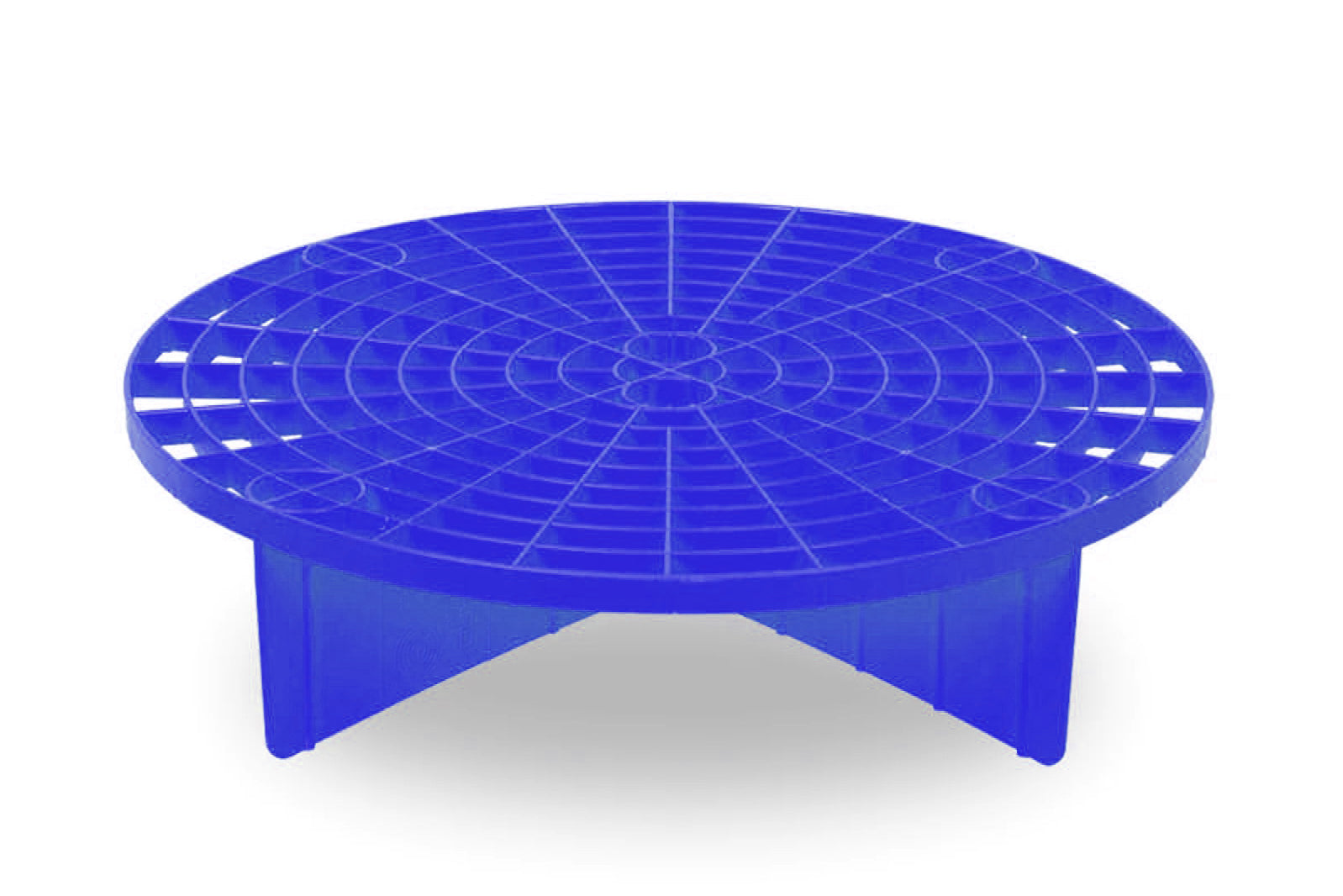 Blue circular plastic tray with grid pattern on a white background