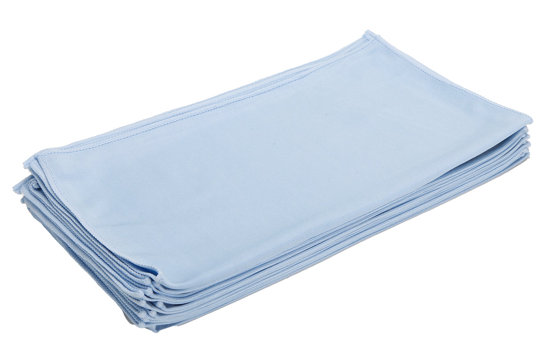 A stack of blue microfiber cleaning cloths on a white background