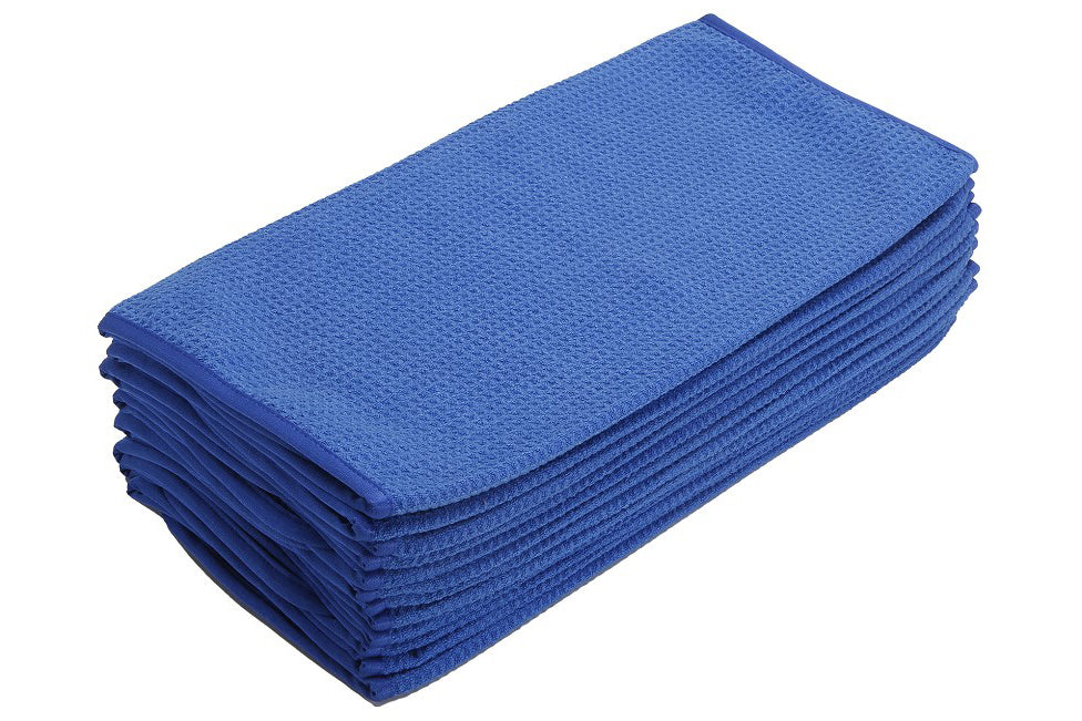 A stack of blue microfiber cleaning cloths