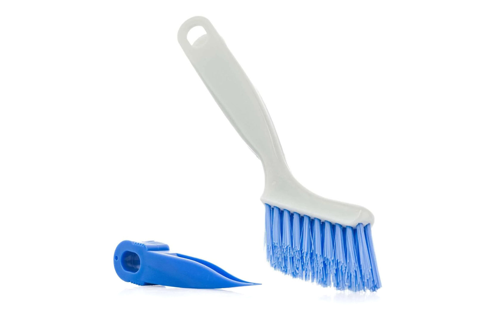 Cleaning brush with blue bristles and a blue handle on a white background