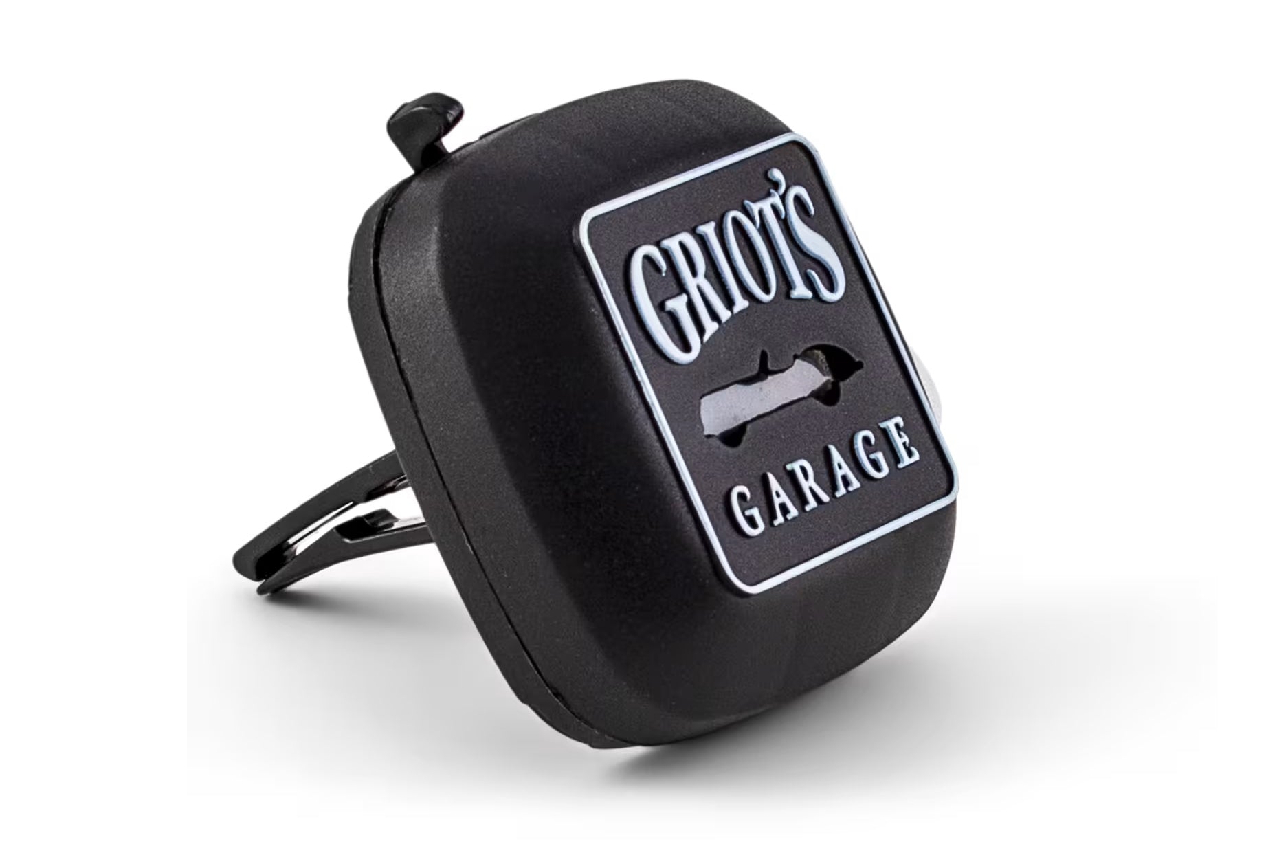 Black car air freshener with 'Griot's Garage' logo on a white background