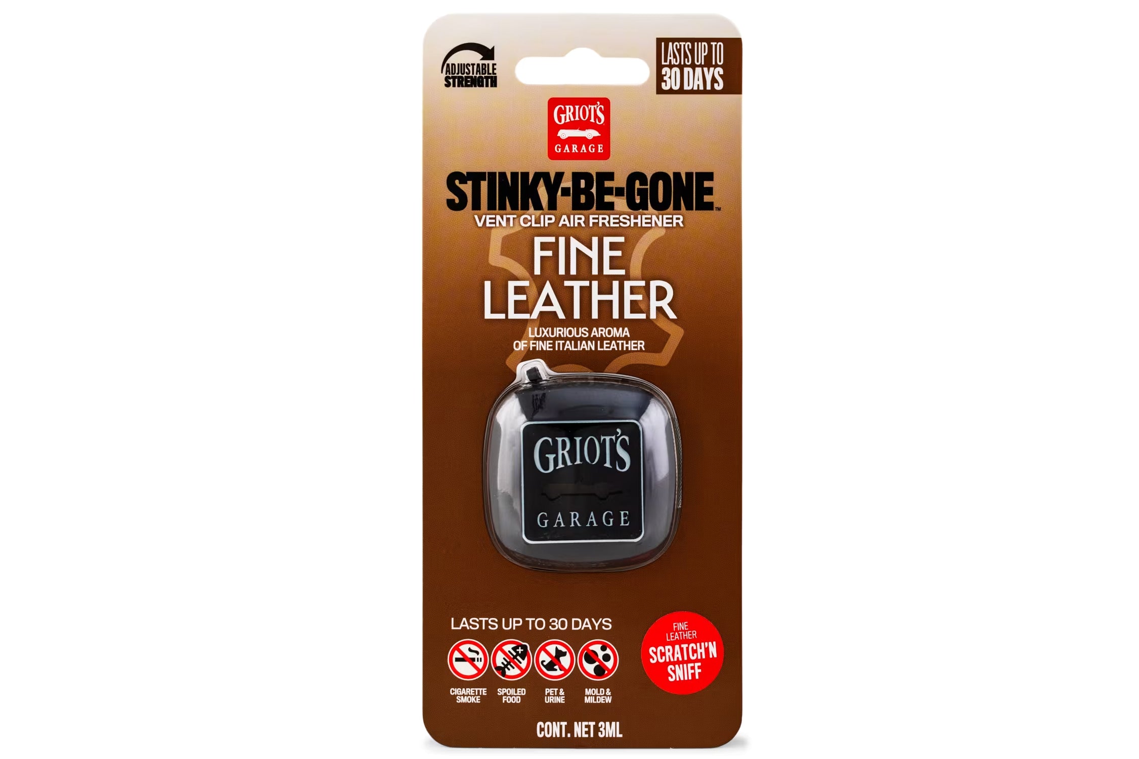 Griots Garage Stinky Be Gone Fine Leather packaging on a white background