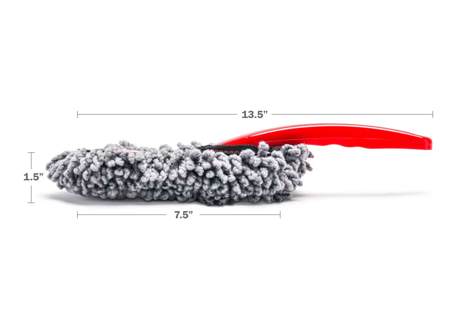 Cleaning brush with red handle and gray bristle head, shown with measurements on a white background.