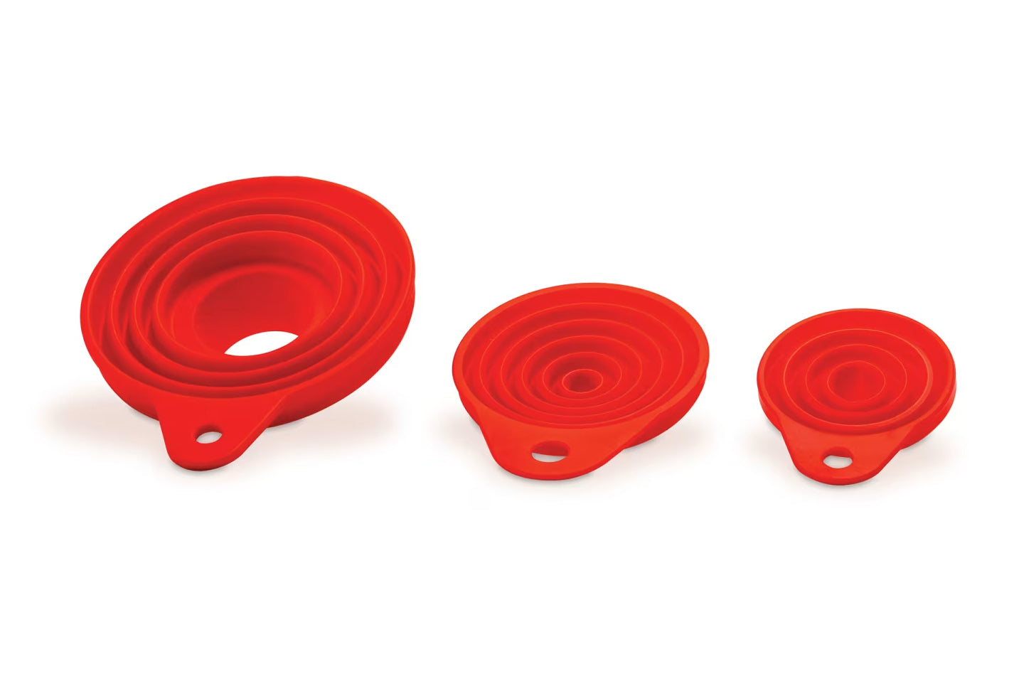 A set of three red collapsible funnels