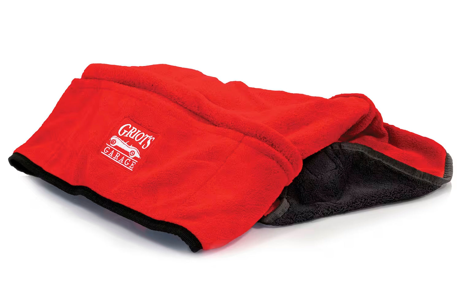 A red fender cover with Griots Garage branding