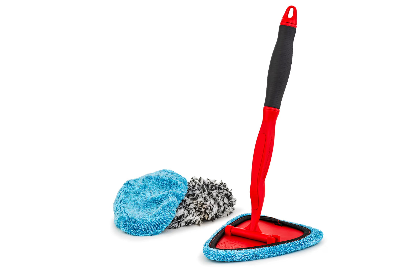 A red easy reach detail wand with blue microfiber cloth