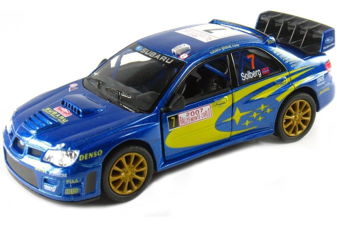 Model car of a blue Subaru race car with yellow accents on a white background