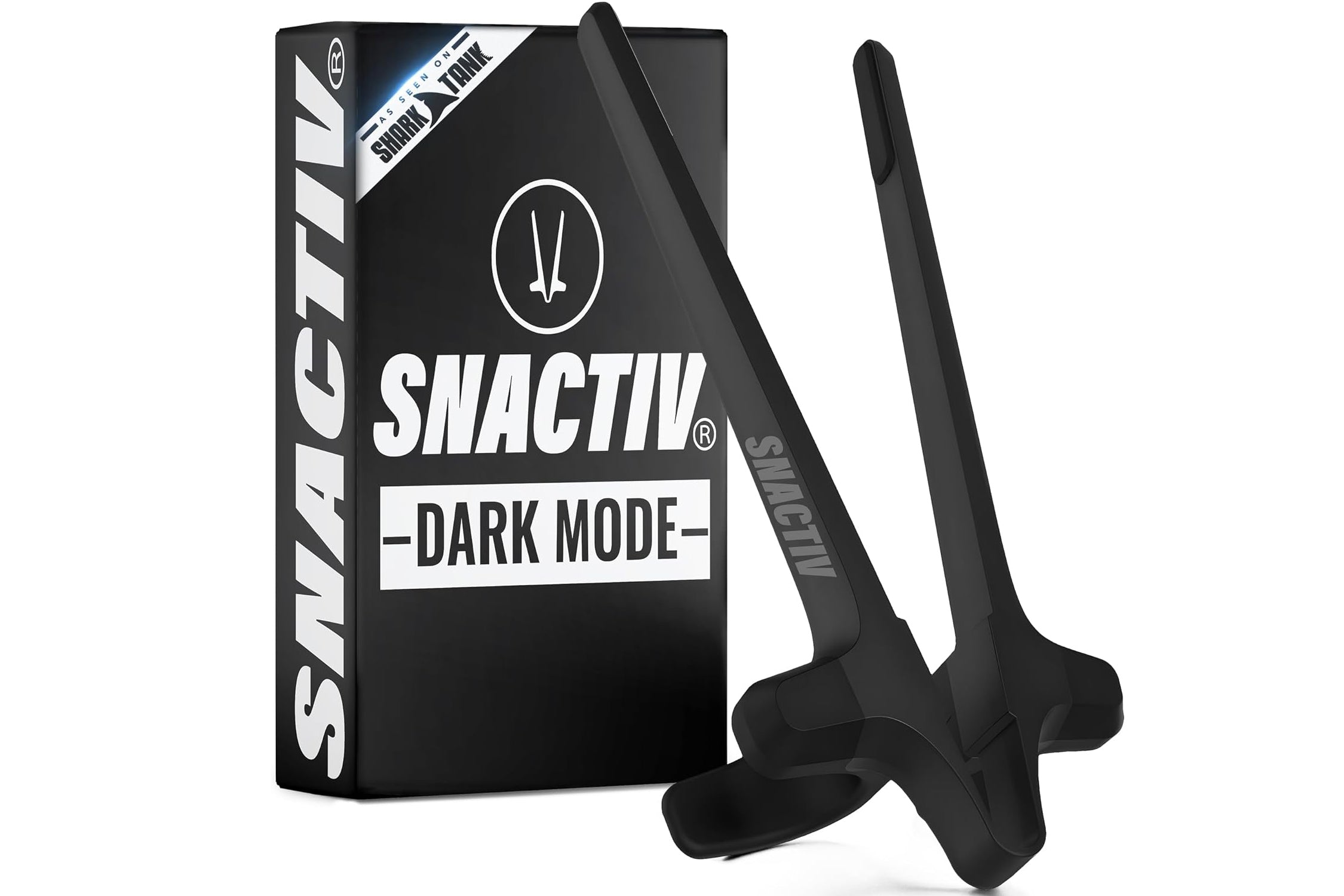 Black chopsticks with 'SNACTIV' branding and packaging on a white background