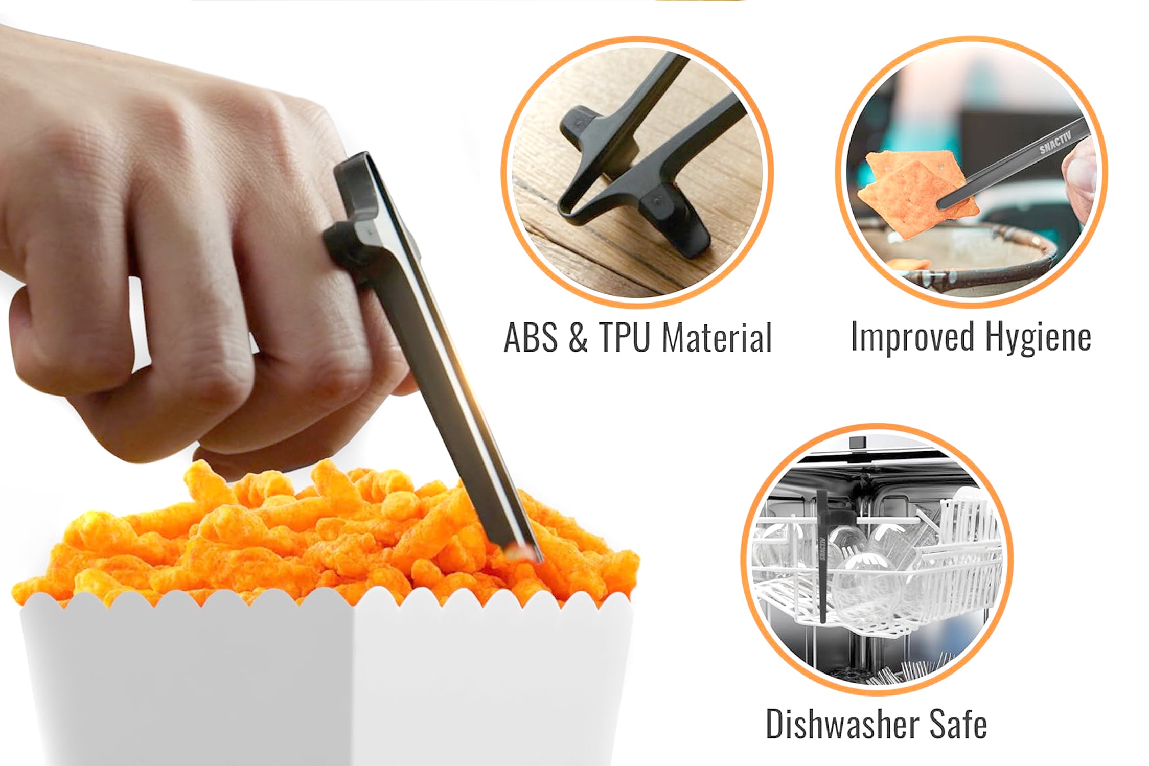 Person using a black tool to scoop popcorn from a bowl, with product features highlighted.