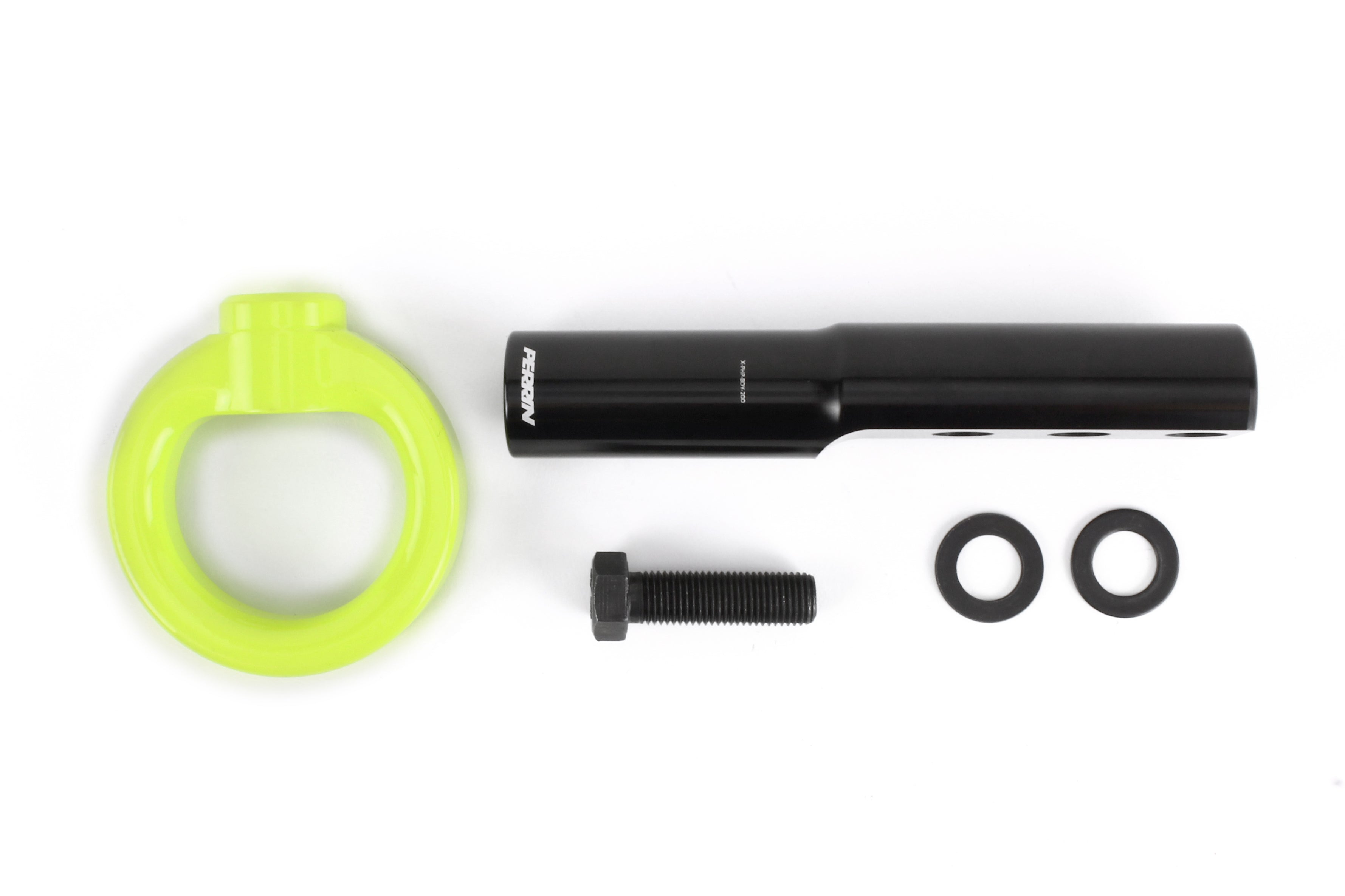 Front tow hook kit for 2017-2021 Civic SI and Civic Type R, featuring a black metal shaft and bright green loop.