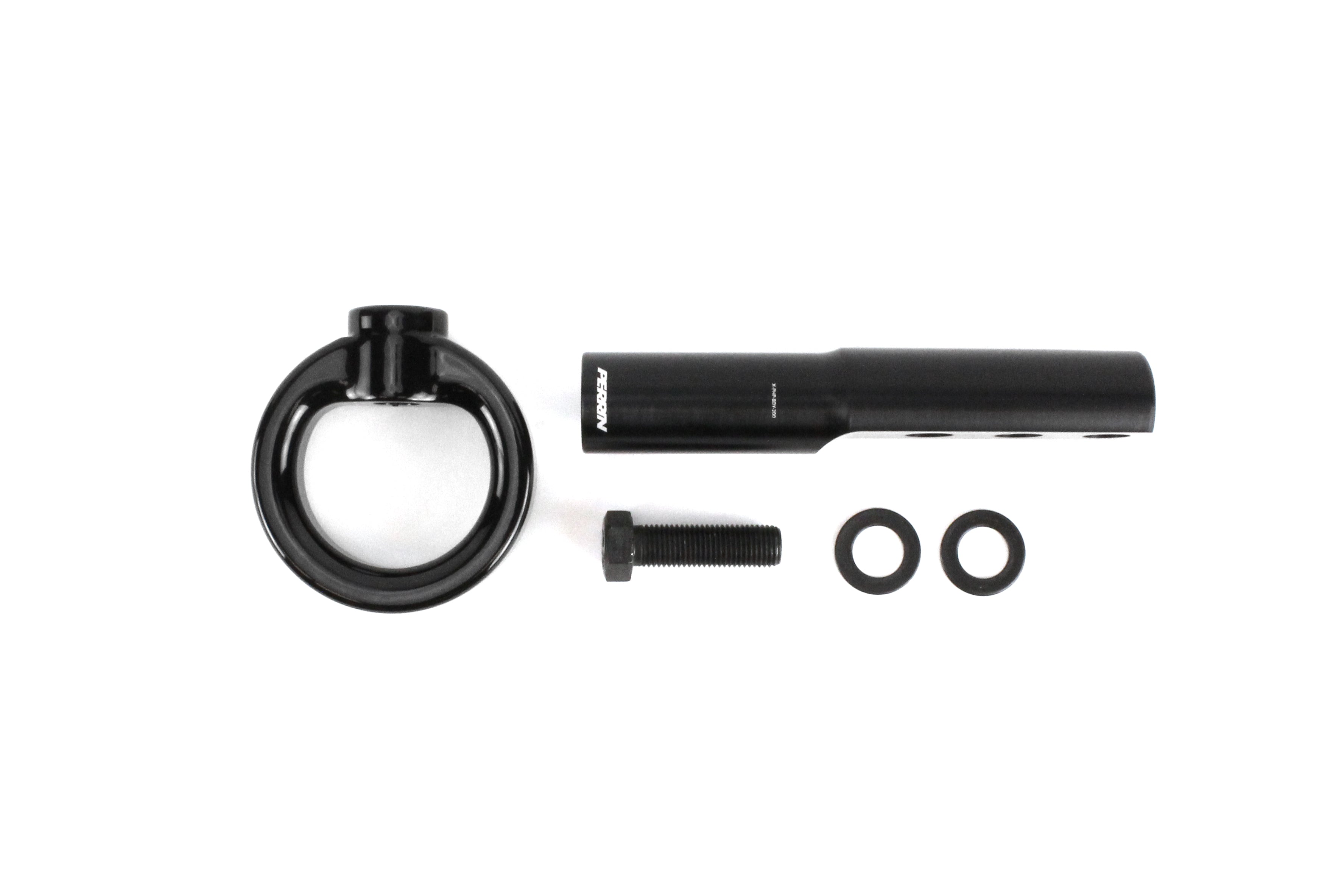 Front tow hook kit for 2017-2021 Civic SI and Civic Type R, includes hook, bolt, and washers for easy installation.