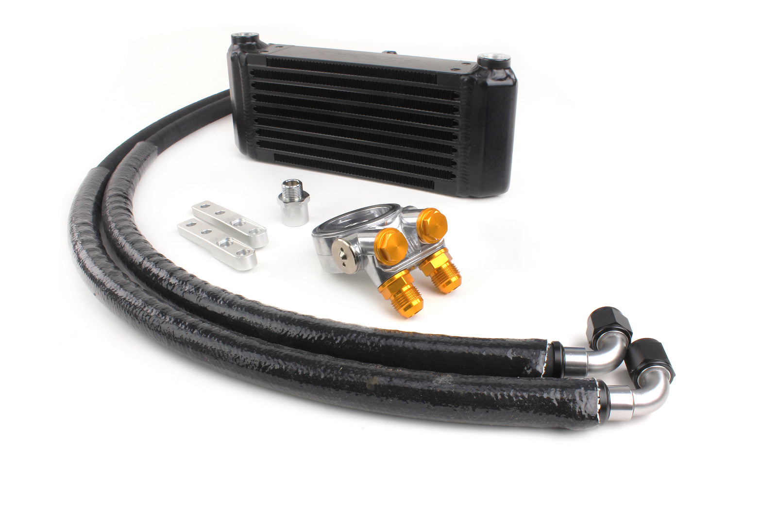 Oil cooler kit for Civic Type R, featuring an oil cooler, hoses, fittings, and an oil filter for enhanced engine performance.
