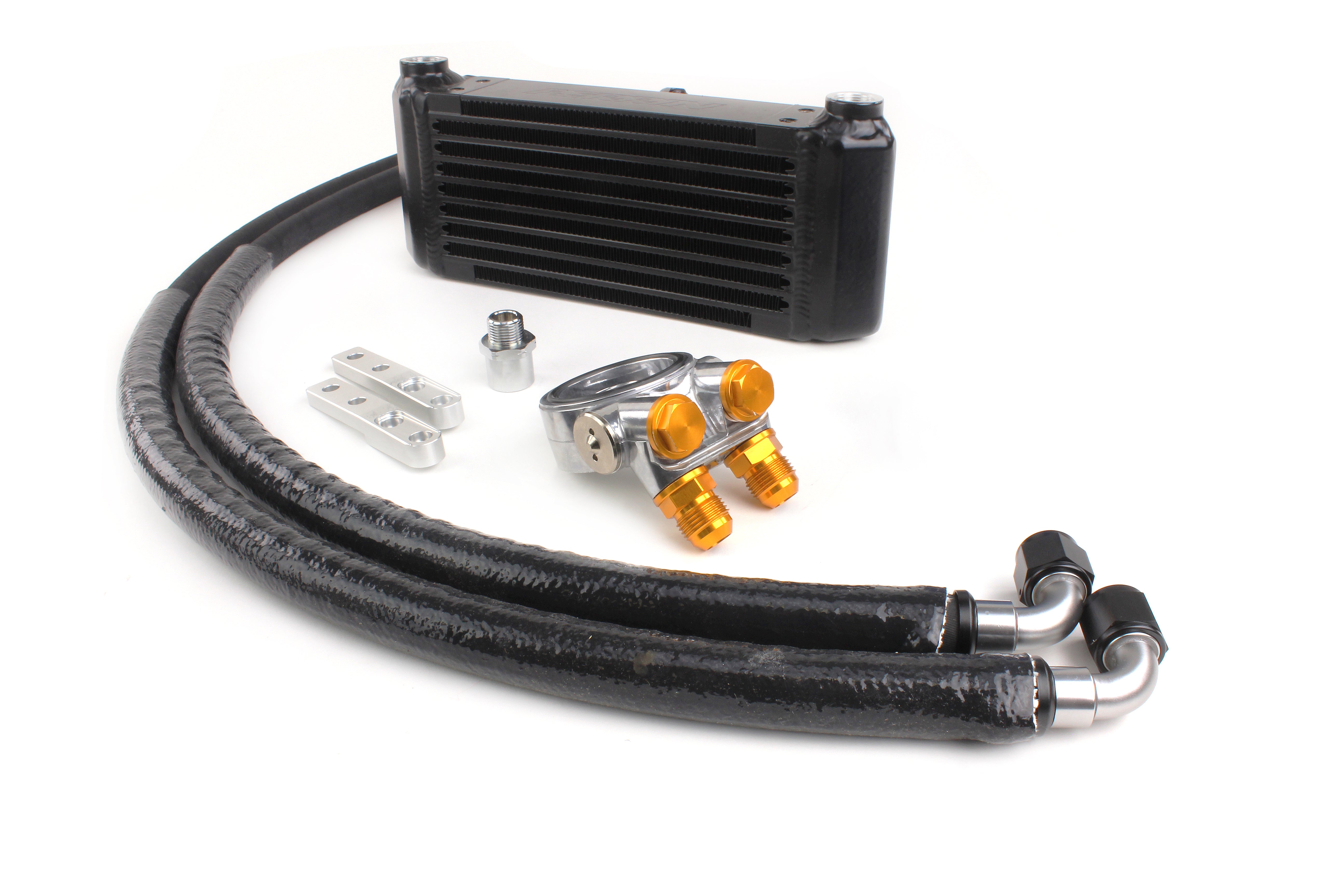 Oil cooler kit for Civic Type R, featuring an oil cooler, hoses, fittings, and an oil filter for enhanced engine performance.