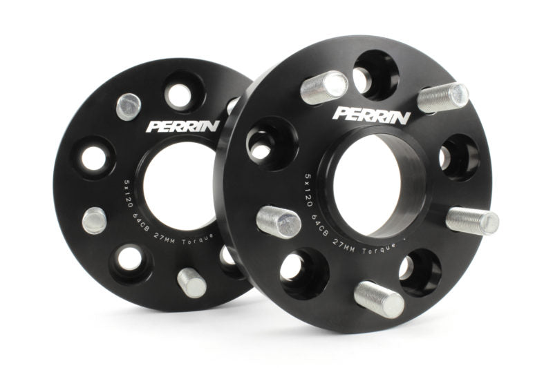 27mm Honda wheel spacers by Perrin, featuring a black finish and multiple bolt holes for enhanced wheel fitment.